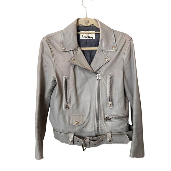 ACNE STUDIOS Leather Moto Jacket Grey Sz 38 (US 6) - Picture 2 of 8